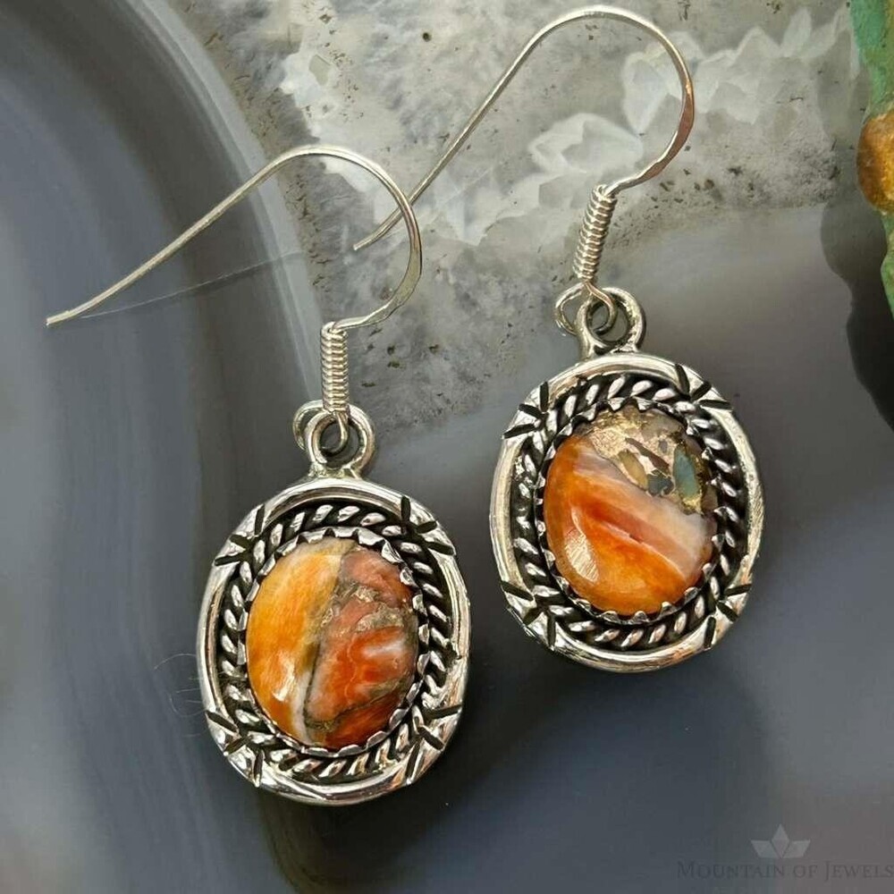 Sterling Southwestern Style Spiny Oyster Turquoise Dangle Earrings For Women #5